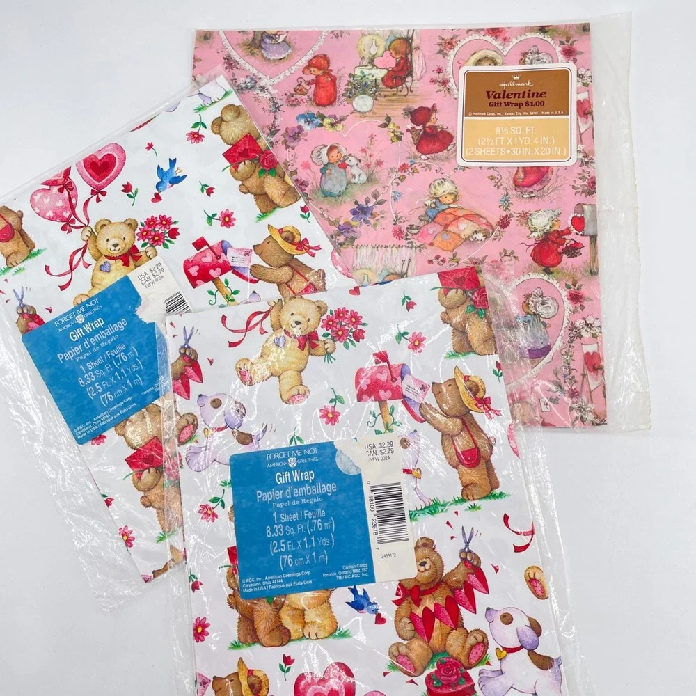 Hallmark American Greetings Vintage Gift Wrap Ribbon Lot Pink Floral Bear 1980s